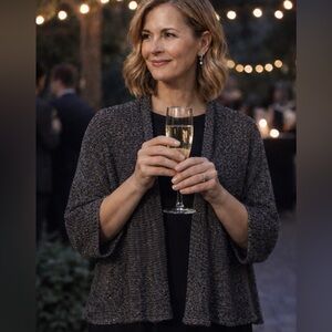 Eileen Fisher Metallic Knit Cardigan L Gray Silver Open Front Shimmer Evening